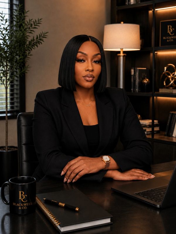 Confident professional woman in a black blazer at a stylish office desk.