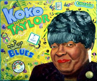 Collage painting of Koko Taylor by Chicago artist Peter Hagerty.