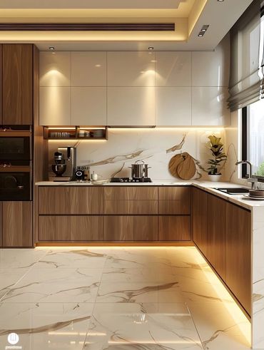 Modern kitchen with wood cabinets and marble flooring illuminated by warm lighting.