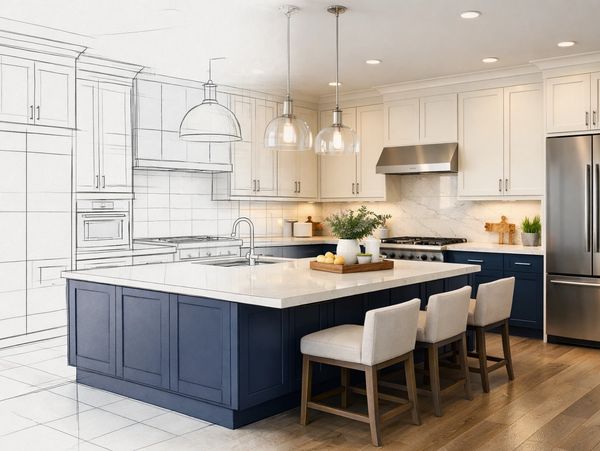 Modern kitchen blending sketch and reality with blue island and white cabinets.