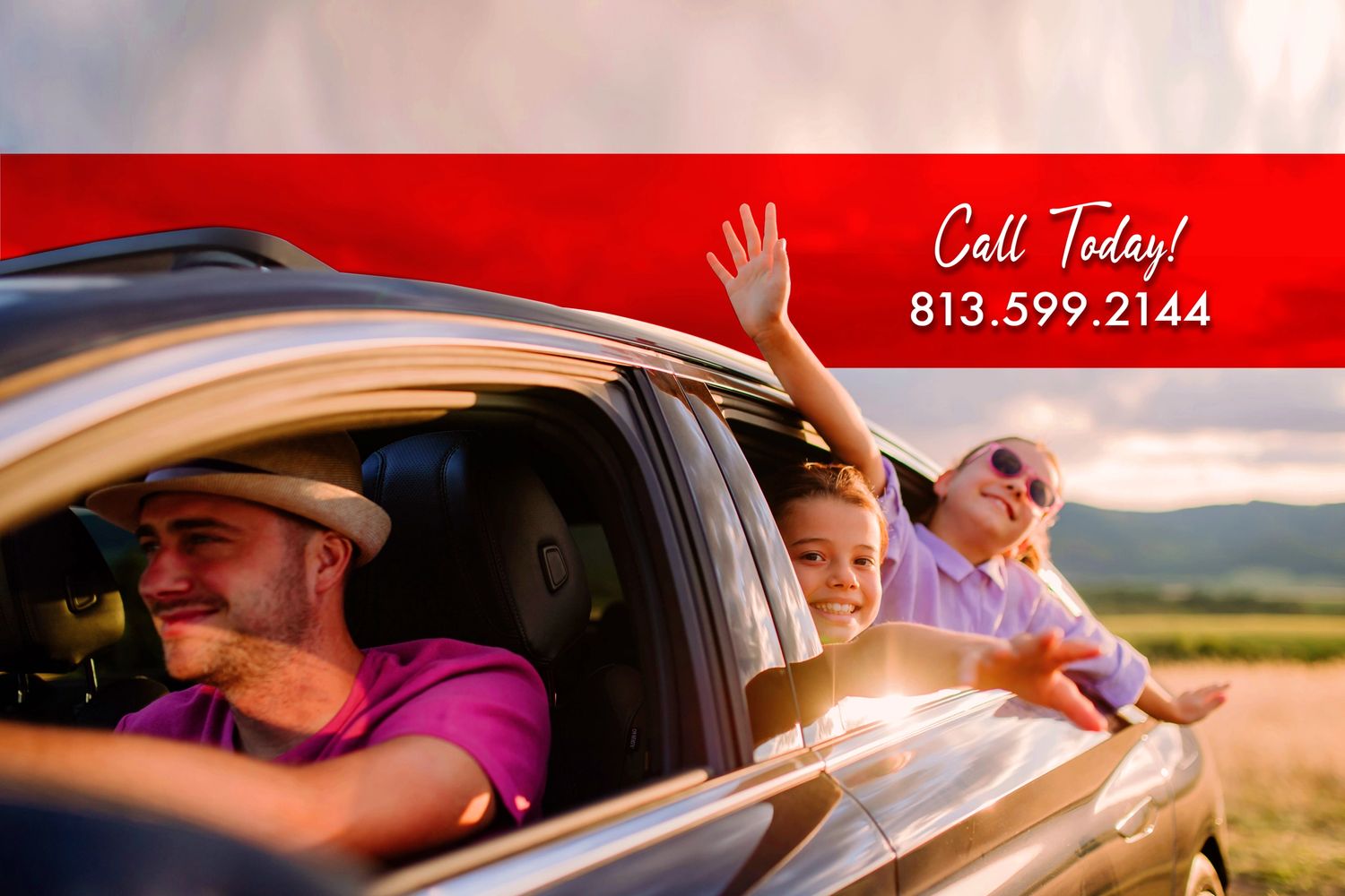 Family enjoying a car ride with a call-to-action phone number.