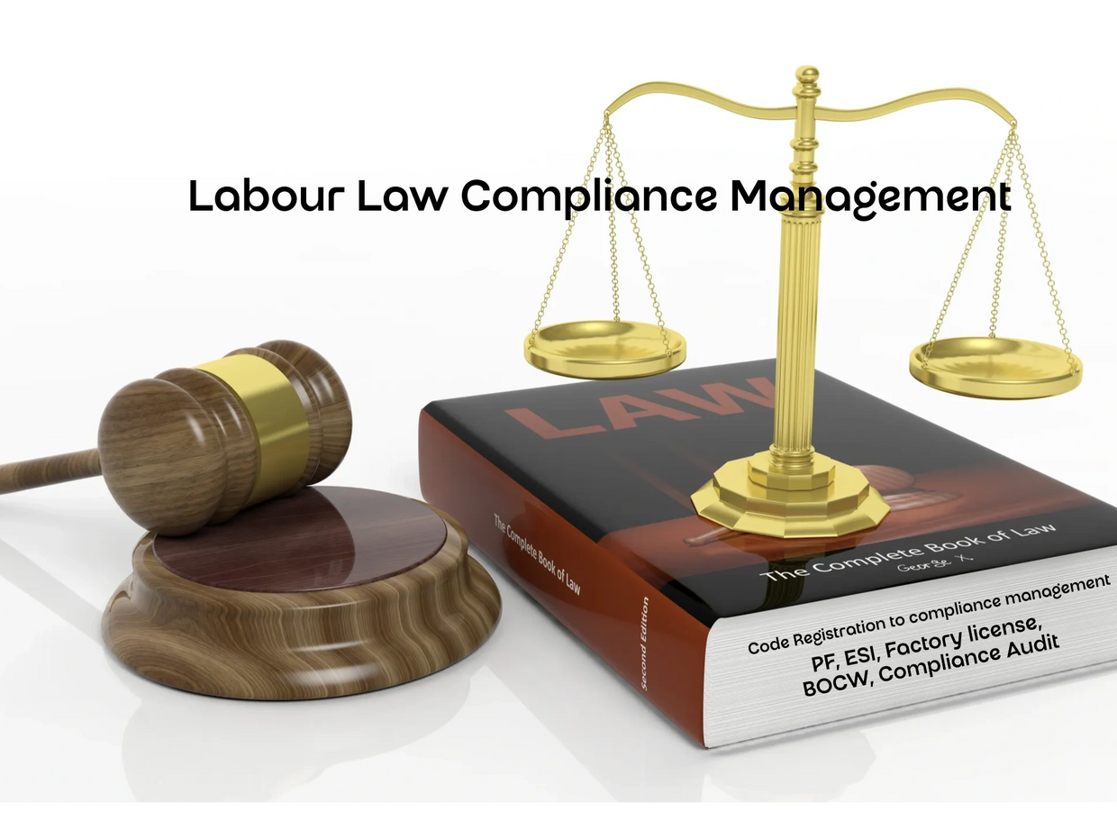 Labour law compliance management concept with a gavel, law book, and golden weighing scale.