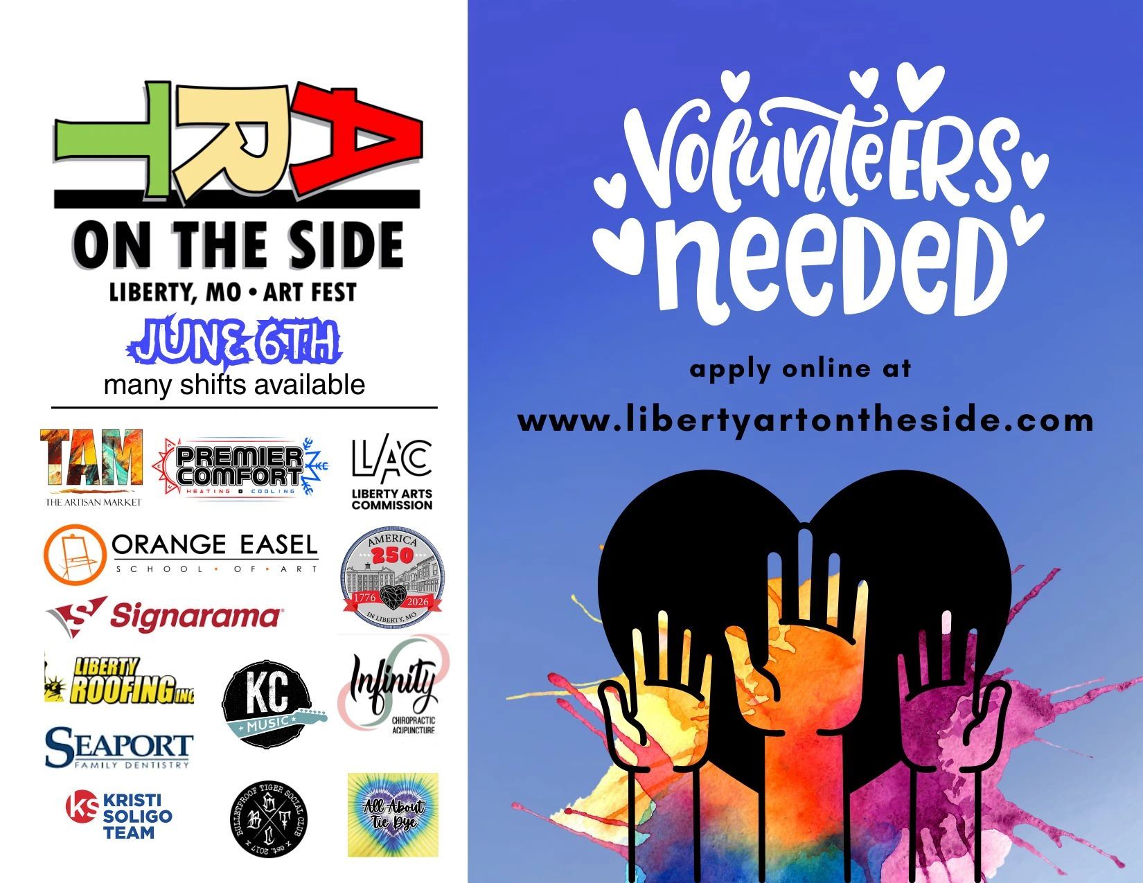 Volunteer call for Liberty, MO art festival on June 6th with many shifts available.