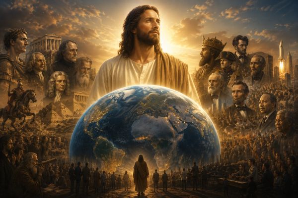 Jesus overlooking Earth with historical figures.