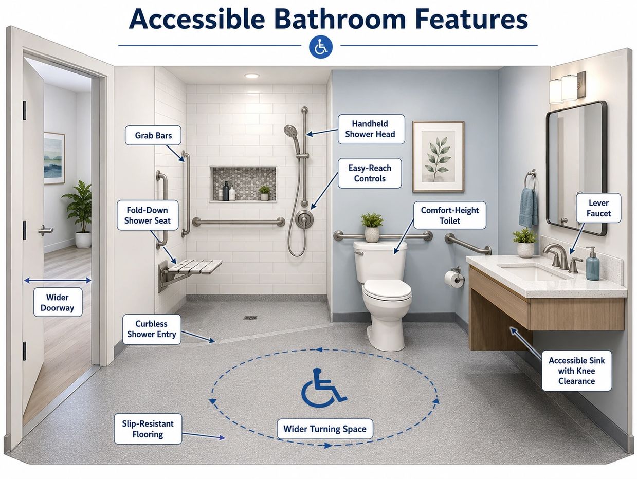 Accessible bathroom with grab bars, fold-down seat, wider doorway, and comfort-height toilet.