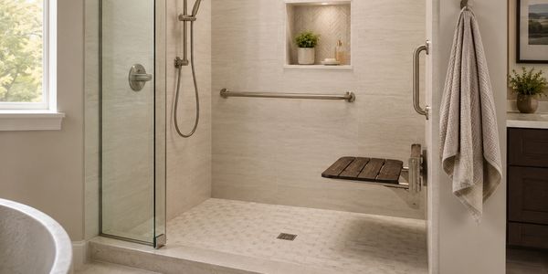 Modern walk-in shower with glass door and wooden foldable seat.