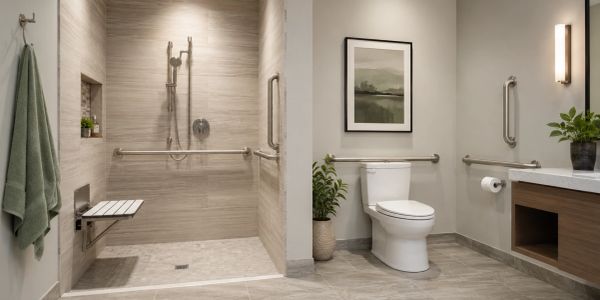 Modern accessible bathroom with grab bars and a foldable shower seat.