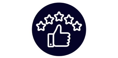 Thumbs-up icon with five stars representing high rating or approval.