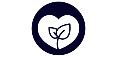 White heart with two leaves symbol on a dark circular background.