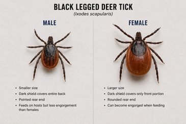 Comparison of male and female black-legged deer ticks with key characteristics listed.