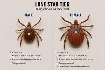 Comparison of male and female Lone Star ticks with distinguishing features.