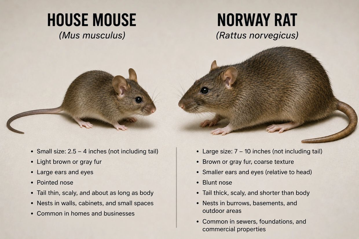 Comparison between house mouse and Norway rat with physical traits and nesting habits.
