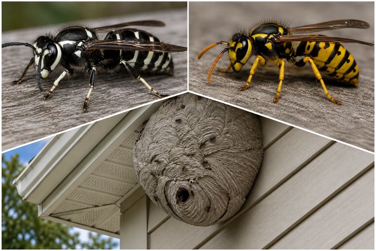 Close-up of a black and white wasp on wood.