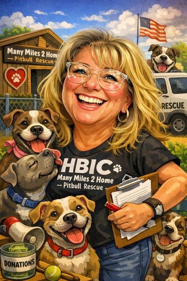 Happy woman with rescued pitbulls at the shelter.