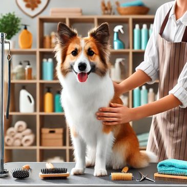 Cane felice durante la toelettatura completa: pulizia, taglio e cura in un ambiente accogliente.
