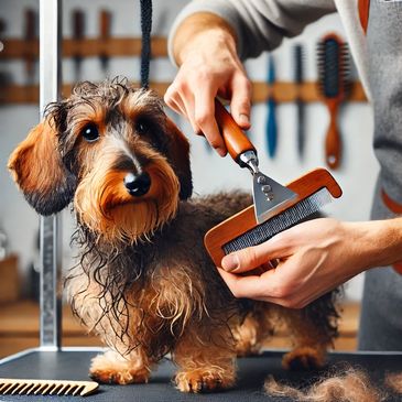 Stripping professionale su bassotto a pelo duro con coltello in legno per un manto perfetto.