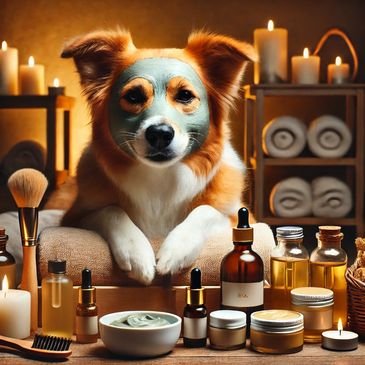 Trattamento SPA per cani con maschere rilassanti e prodotti speciali in un'atmosfera zen.