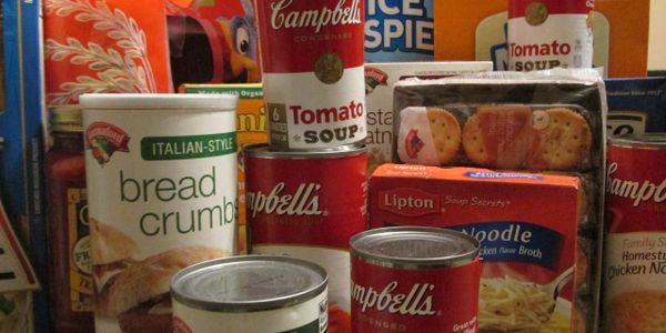 Photo of foods donated for a food drive.