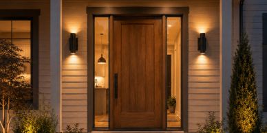 Well-lit modern wooden front door at night.
