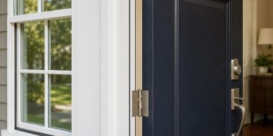 Open blue front door showing white window beside it.