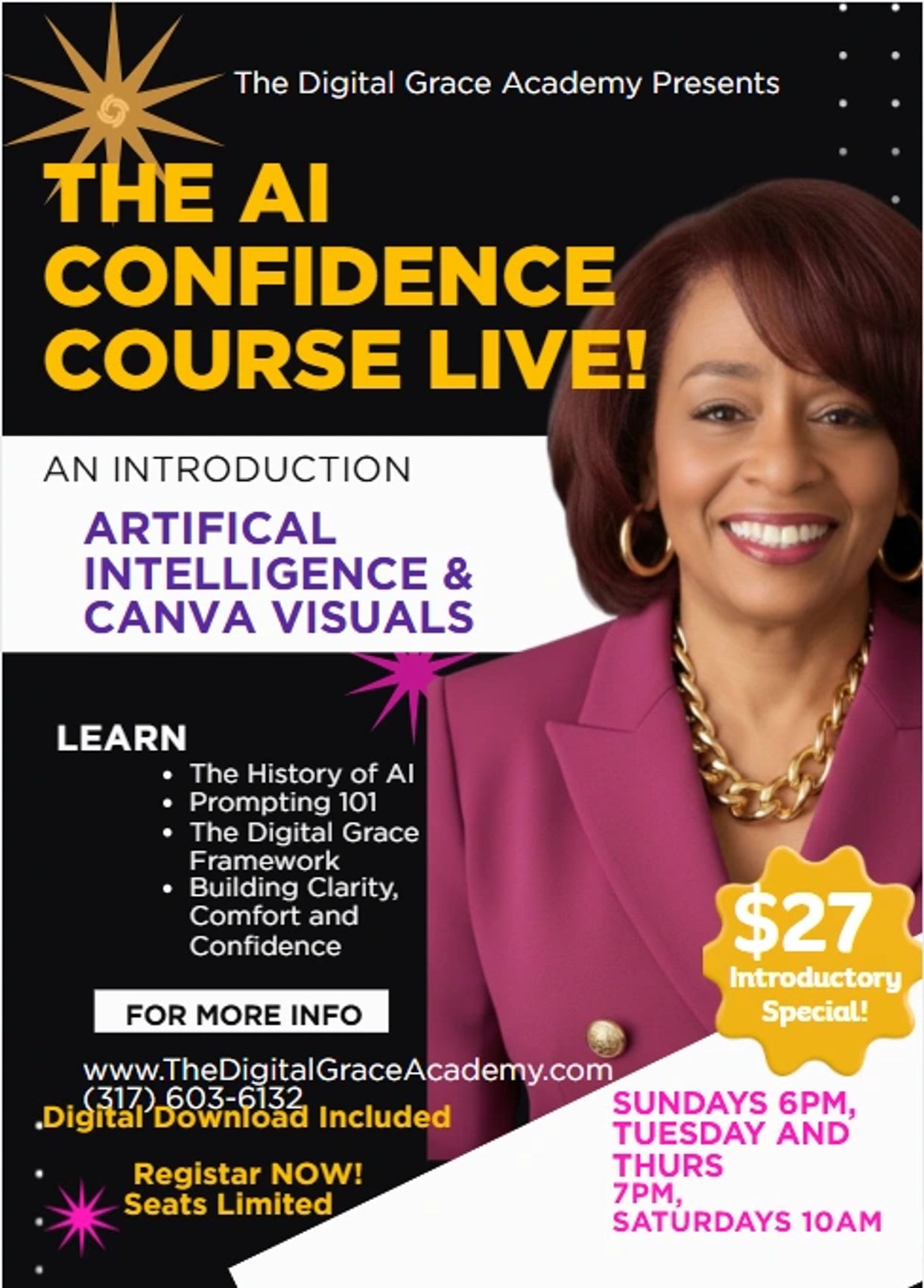 Live AI Confidence Course on AI and Canva visuals for $27. Learn history, prompting, and confidence building.