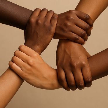 Four hands holding each other's wrists symbolizing unity.
