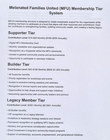 Melanated Families United membership tiers and benefits.
