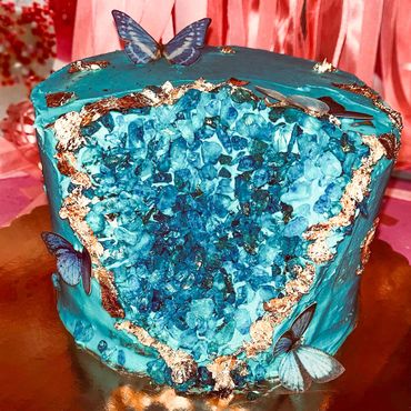 Blue geode cake with butterflies