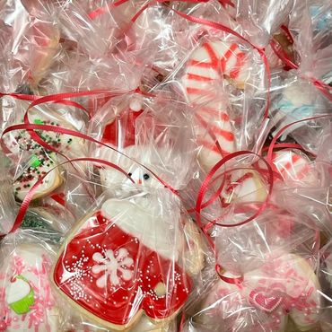 Wrapped holiday cookies with ribbons