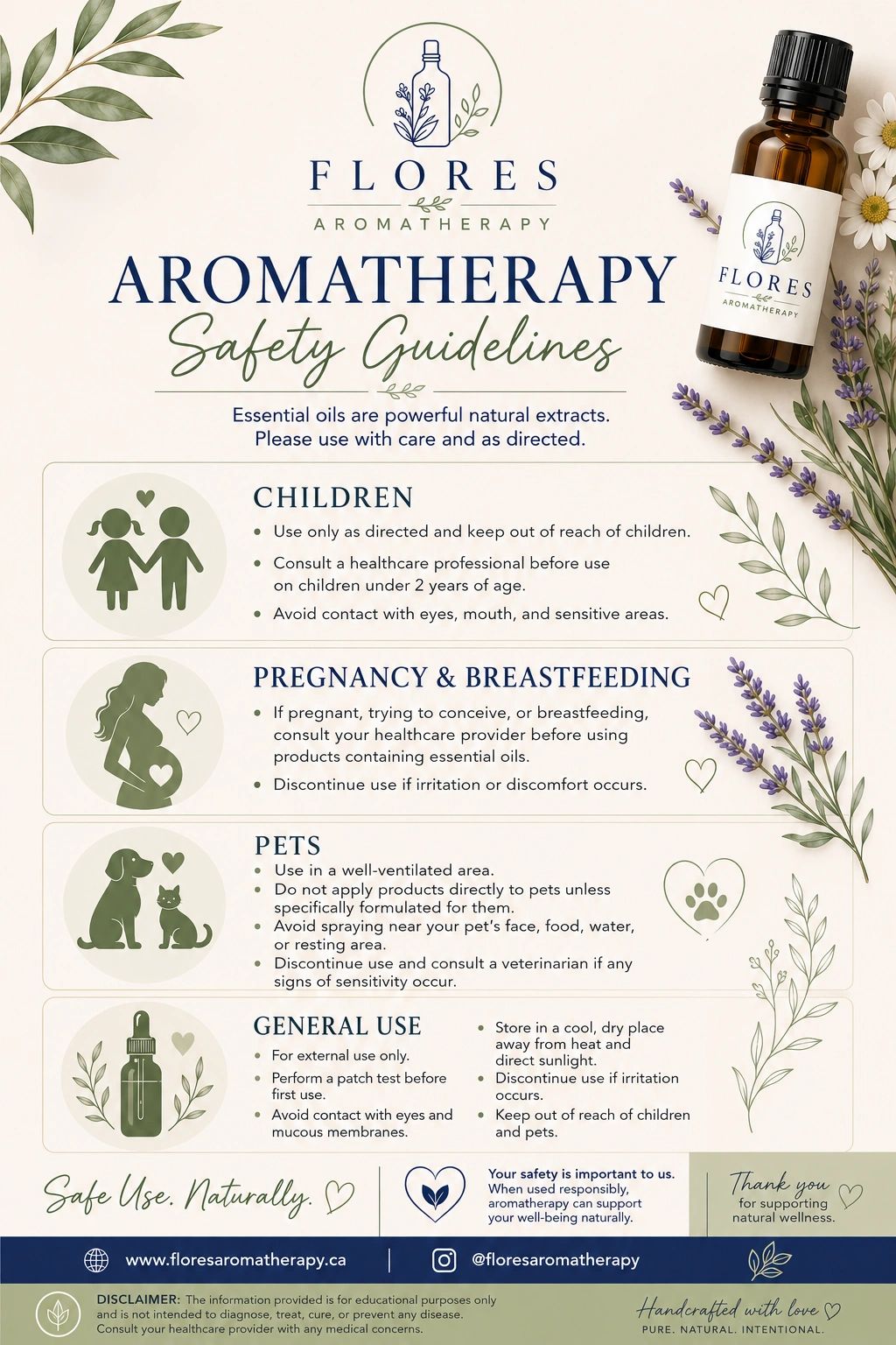Aromatherapy safety guidelines for children, pregnancy, pets, and general use with essential oils.
