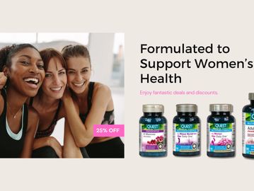 Happy women promote health supplements with 25% off.