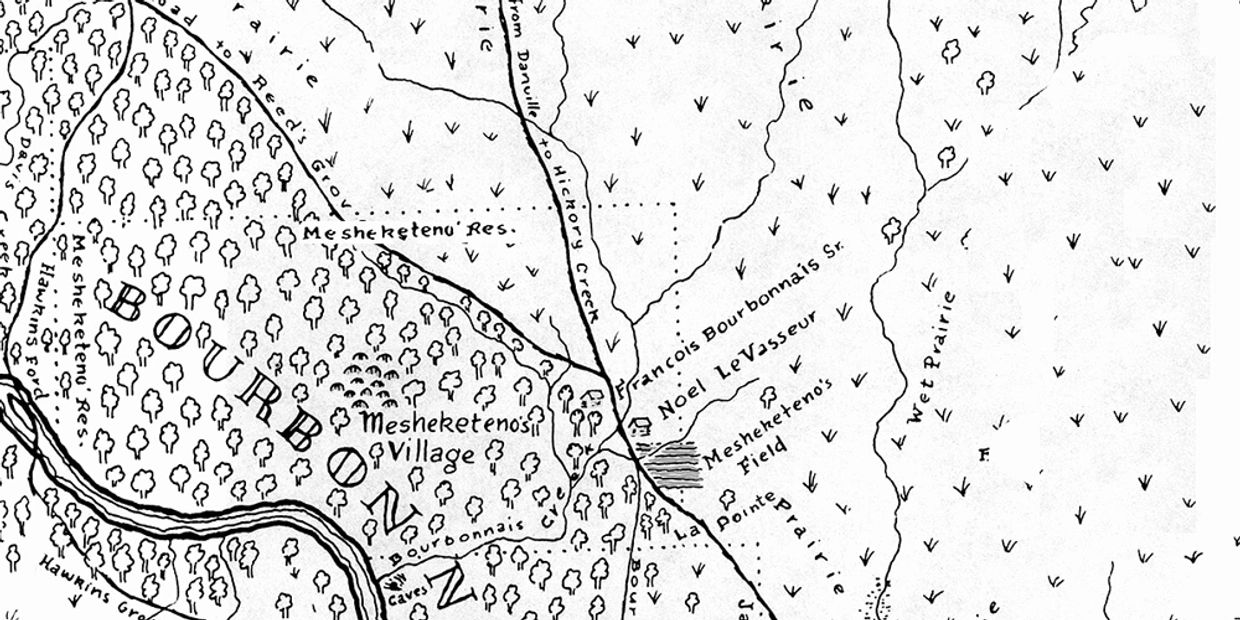 Portion of a map of Bourbonnais Grove, from a pen and ink drawing by Vic Johnson, local historian.
