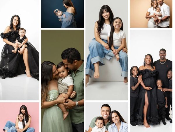 Various families in joyful, affectionate portraits with children and parents in diverse settings.