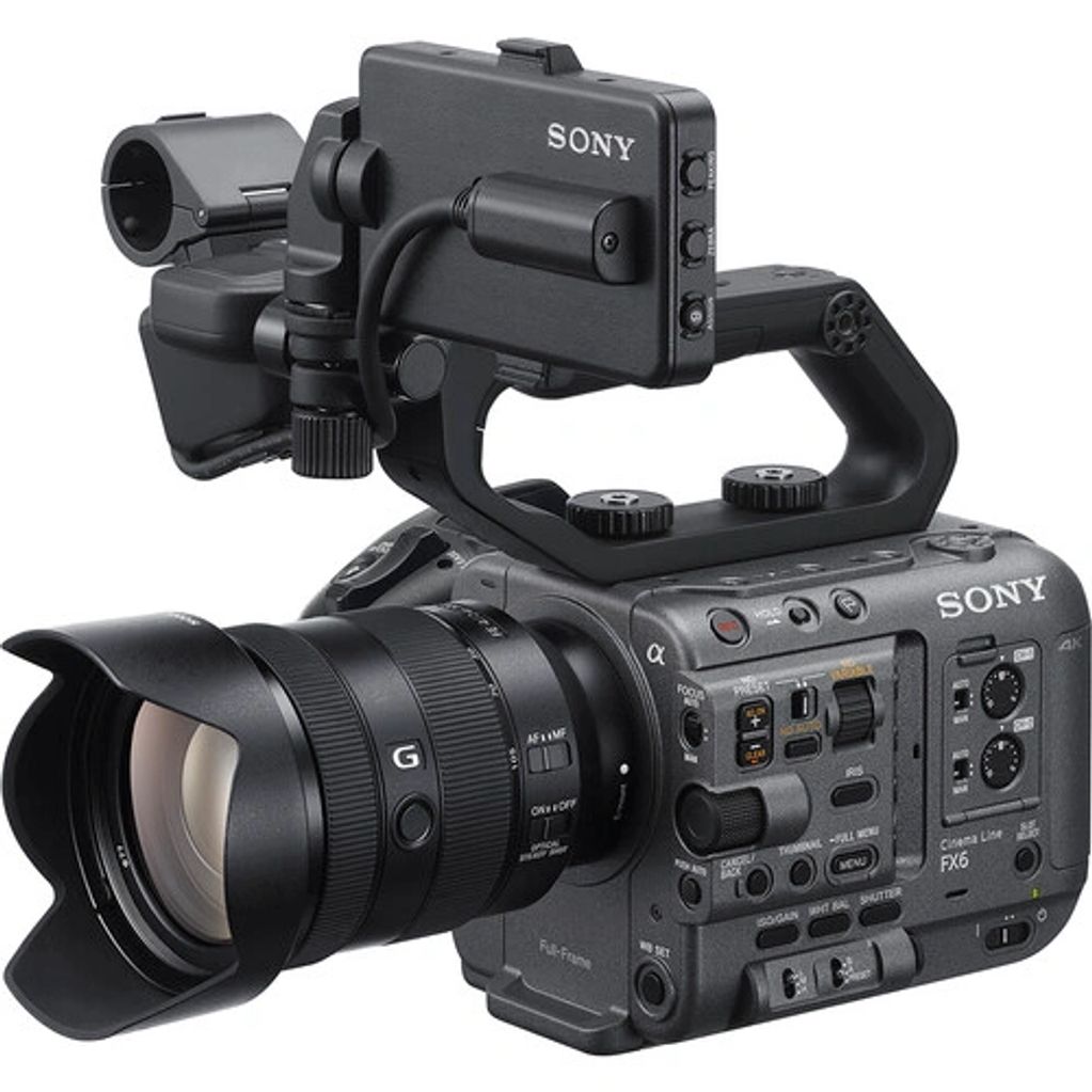 Professional Sony FX6 video camera with attached lens and top handle.