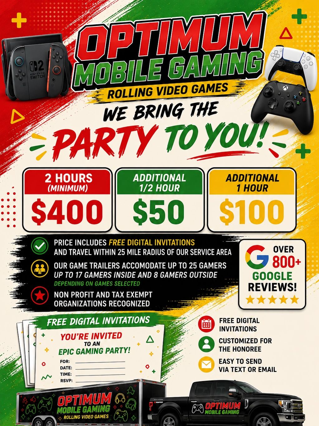 Optimum Mobile Gaming offers video game party rentals with pricing and free digital invitations.