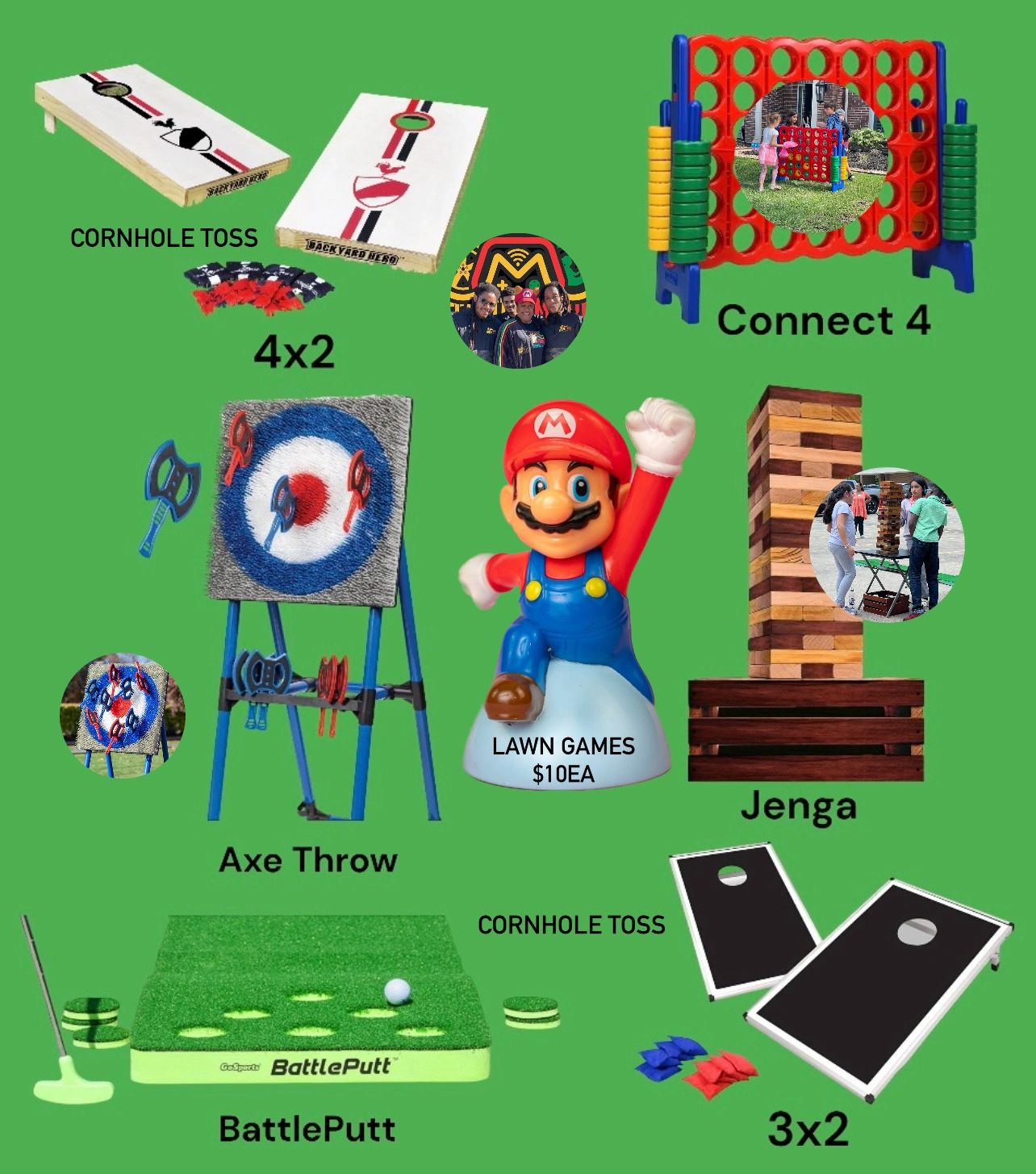 A bunch of items that are on a green background