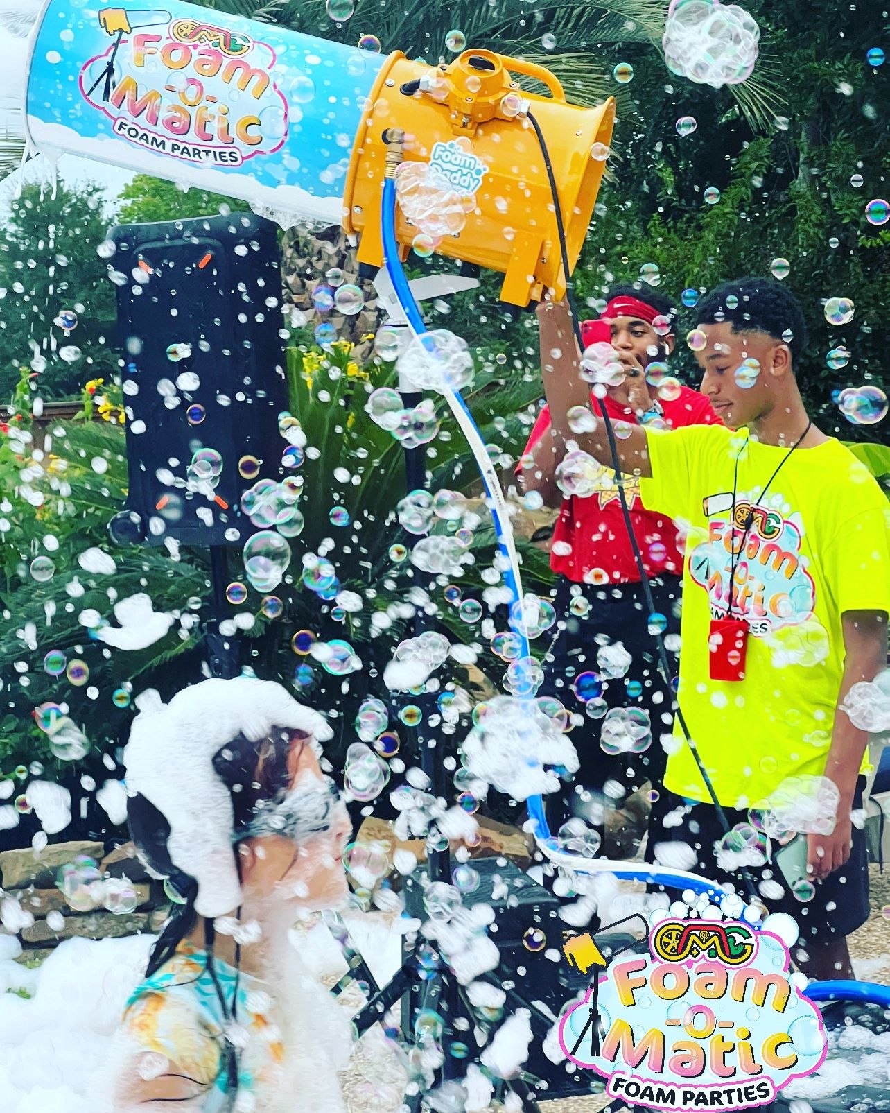 An image of a Foam-o-matic party featuring bubbles