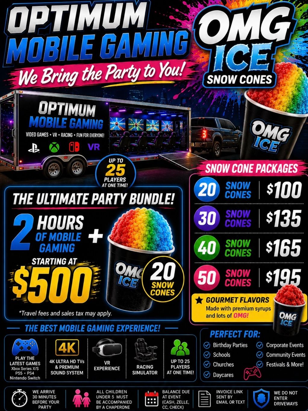 Optimum mobile gaming party with OMG ice snow cones and various packages.