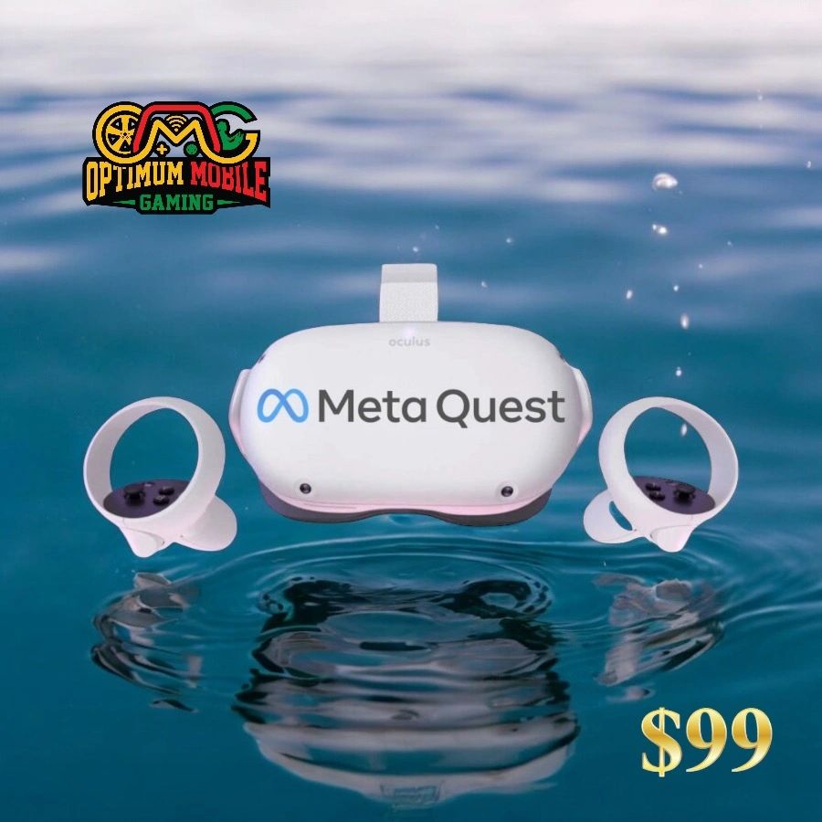 The image shows a Meta Quest 3 VR headset and its controllers floating in water