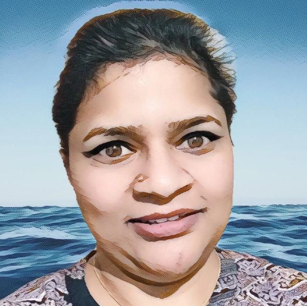 Cartoon-style portrait of a woman with ocean background.