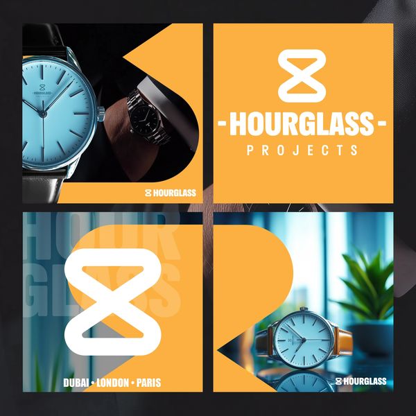 A case study of design elements for Hourglass, including a logo design, colour palette, Mocks ups an