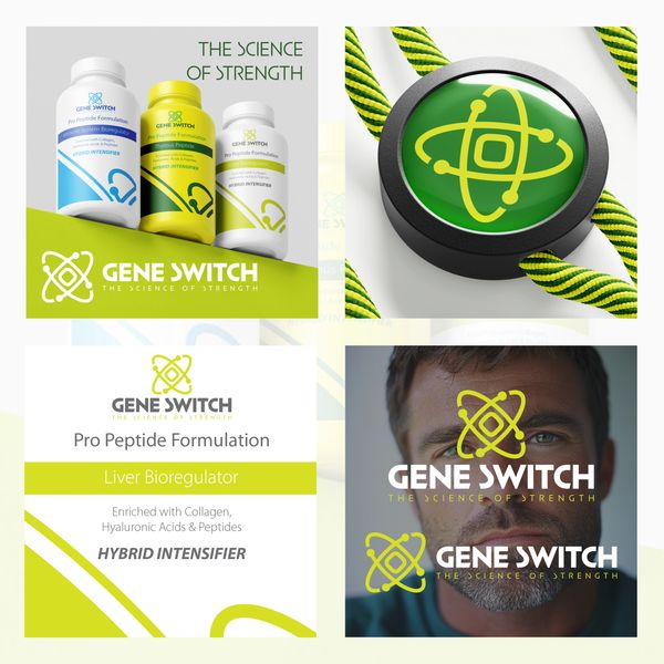 A case study of design elements for Gene Switch, including a logo design, colour palette, Mocks ups