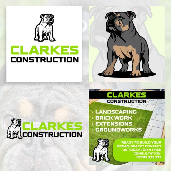 A case study of design elements for Clarkes Construction, including a logo design, colour palette, M