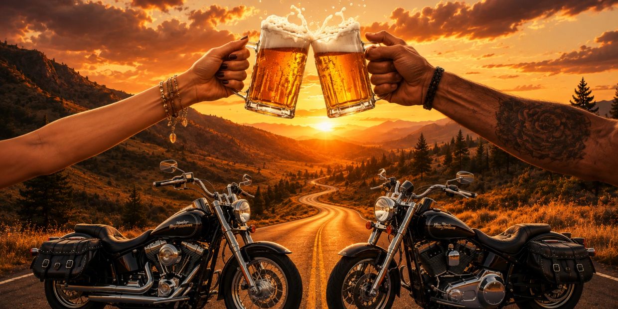 Two people toast with beer mugs beside motorcycles at sunset on an open road.