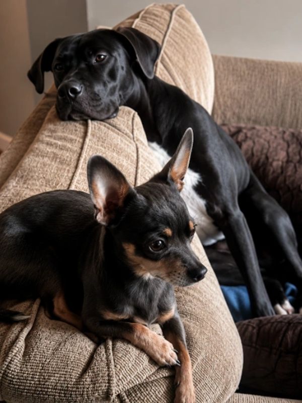 Two dogs relaxing on a beige couch, one small and one large.