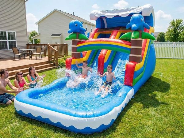 Children sliding down a colorful inflatable water slide in a backyard pool.
