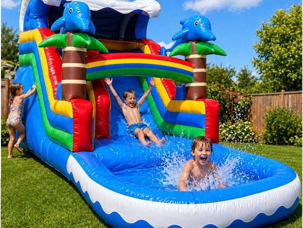 Children playing on a colorful inflatable water slide in a backyard.