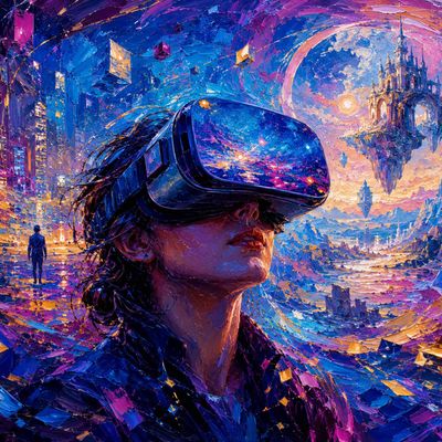A person immersed in a vibrant virtual reality world with futuristic cityscapes.