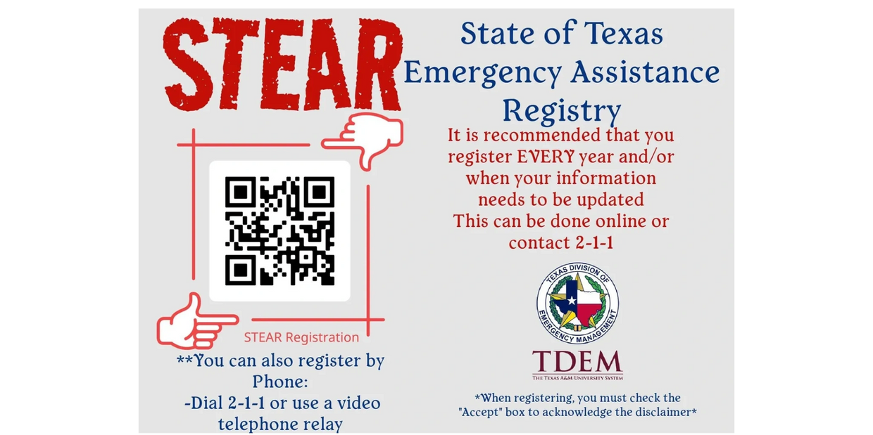 STEAR registration flyer with registration instructions including a QR Code and the TDEM logo