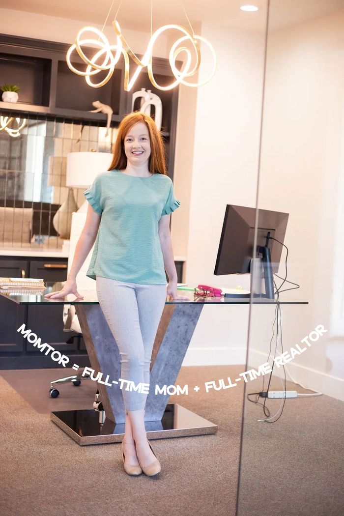 Woman standing in modern office with text about balancing motherhood and real estate career.